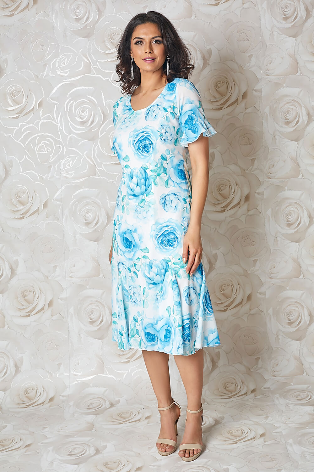 Aqua Floral Print Bias Cut Midi Dress | Roman UK