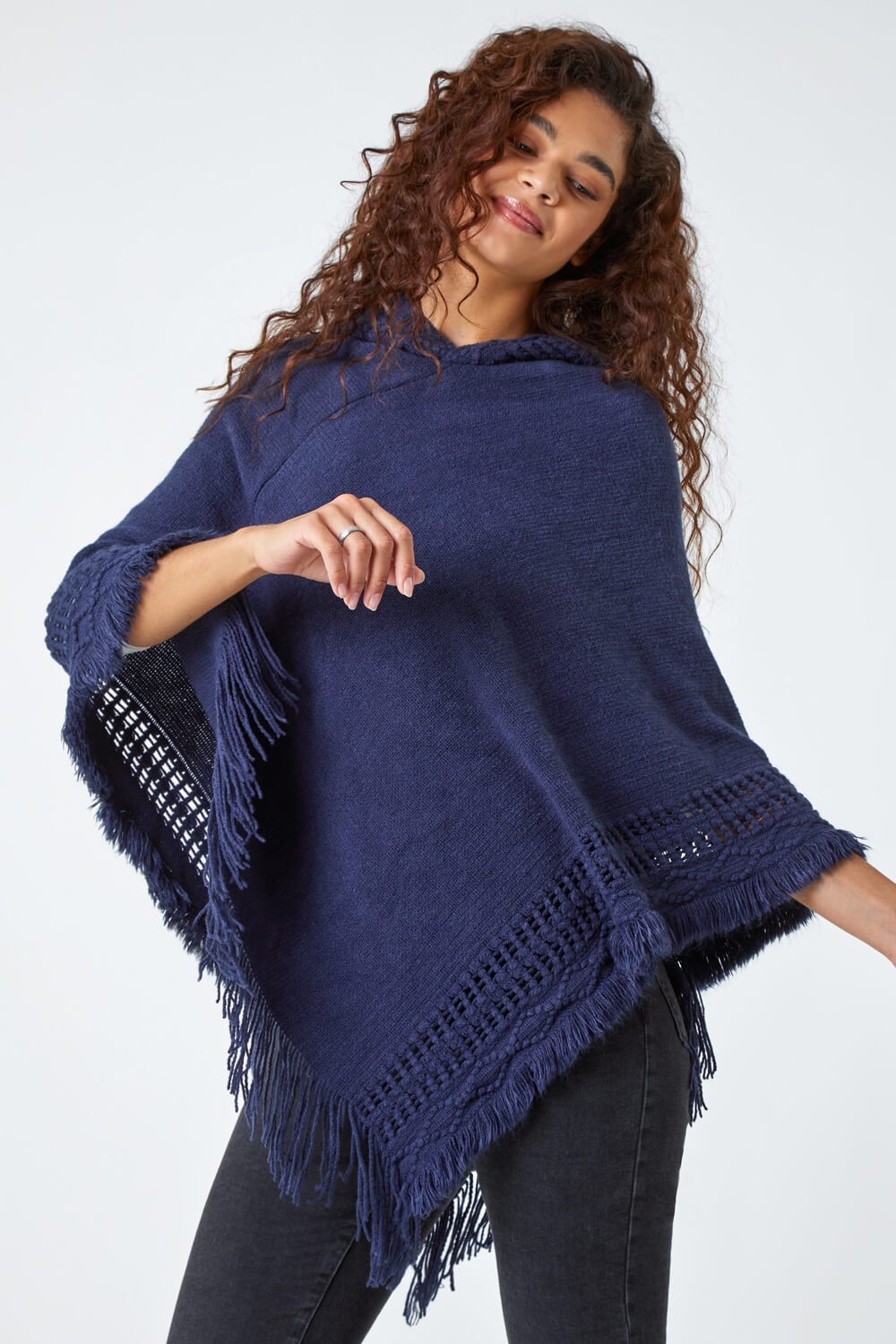 Midnight Blue Hooded Fringed Knitted Poncho | Roman UK