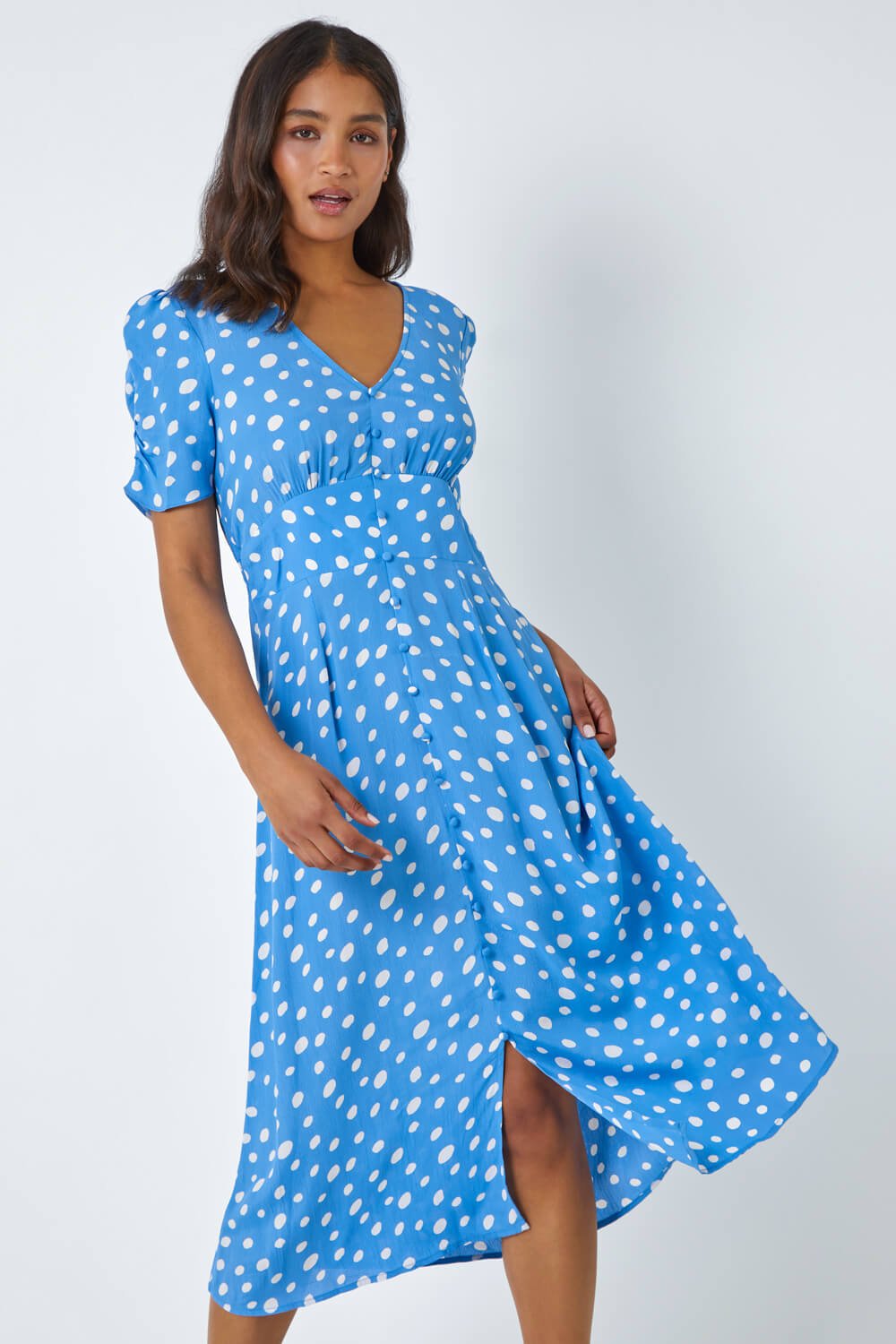 Light Blue  Polka Dot Ruched Sleeve Midi Dress, Image 2 of 5