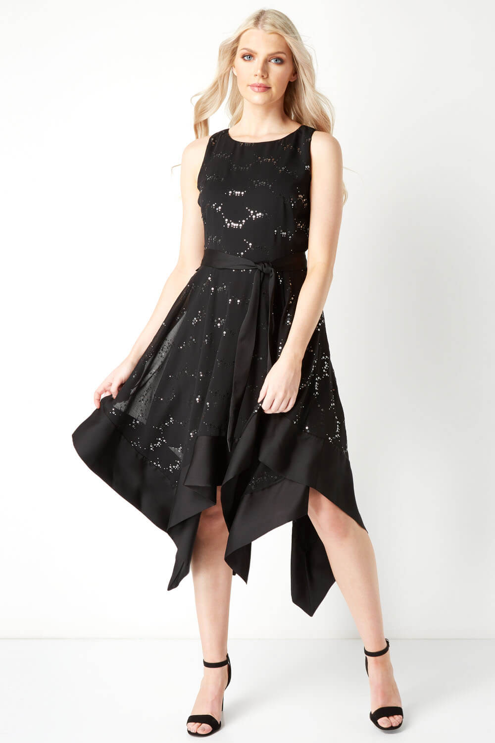 Black Glitter Hanky Hem Dress, Image 2 of 5