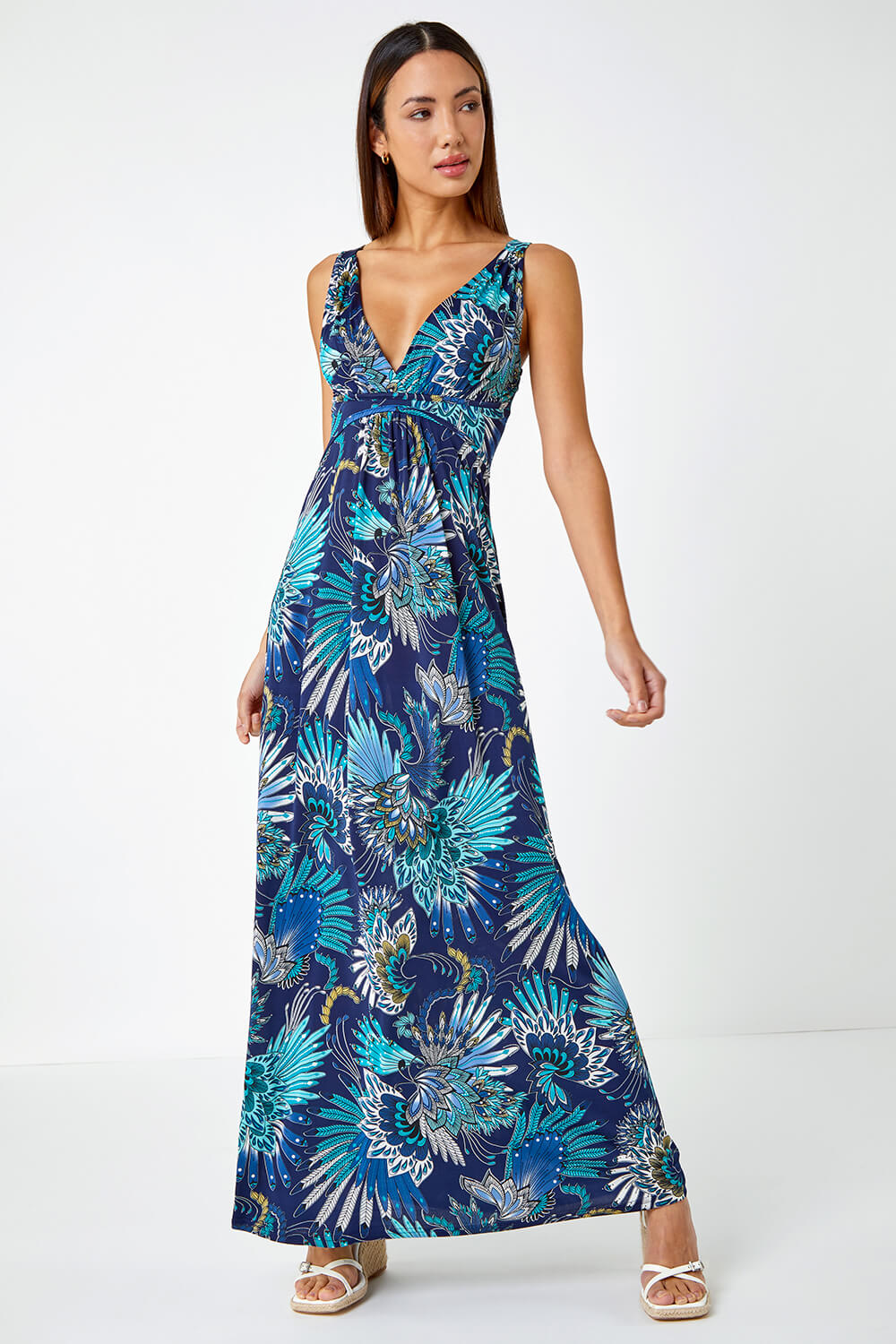 Blue Sleeveless Floral Print Maxi Dress | Roman UK