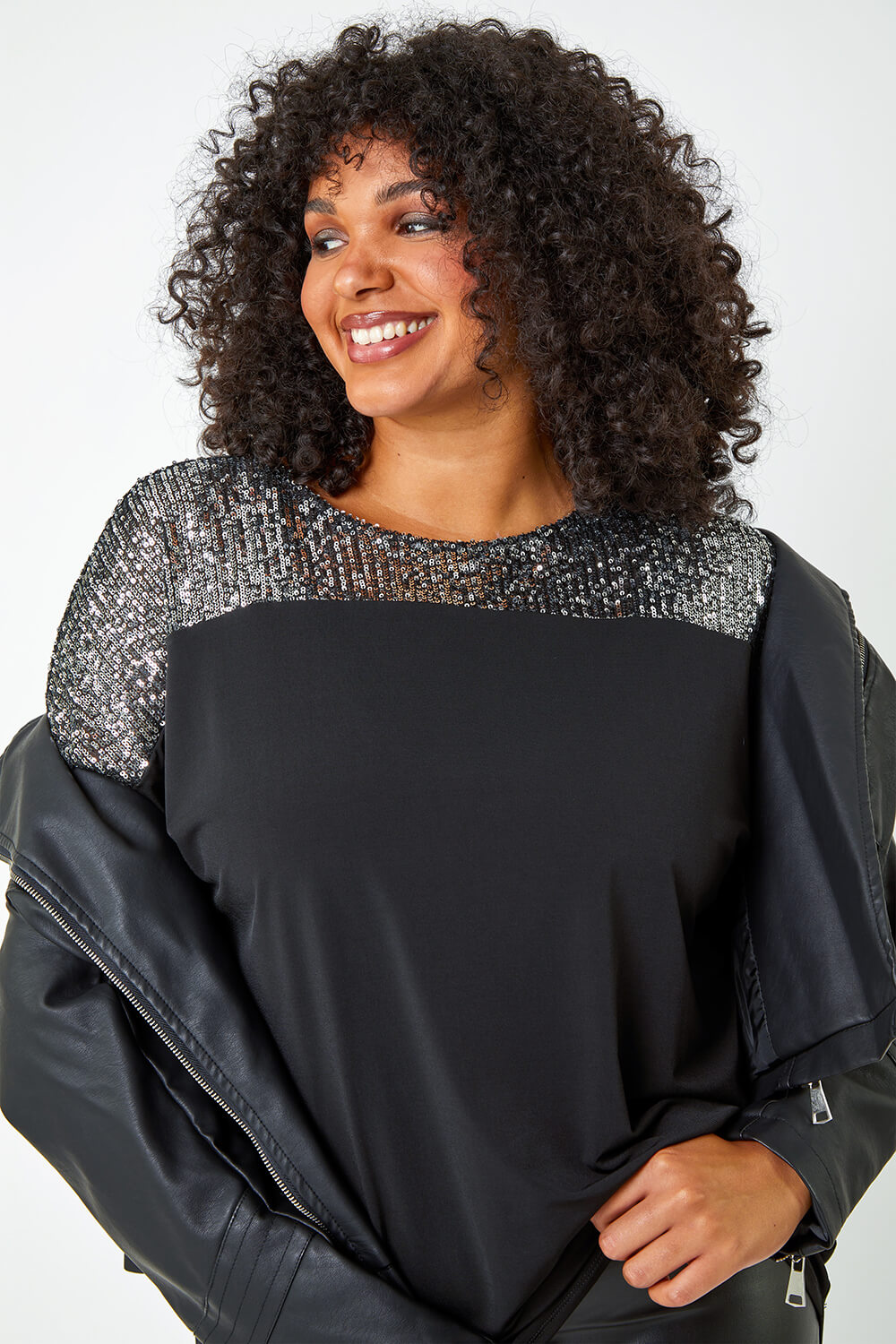 Silver Curve Sequin Embellished Stretch Top, Image 1 of 5