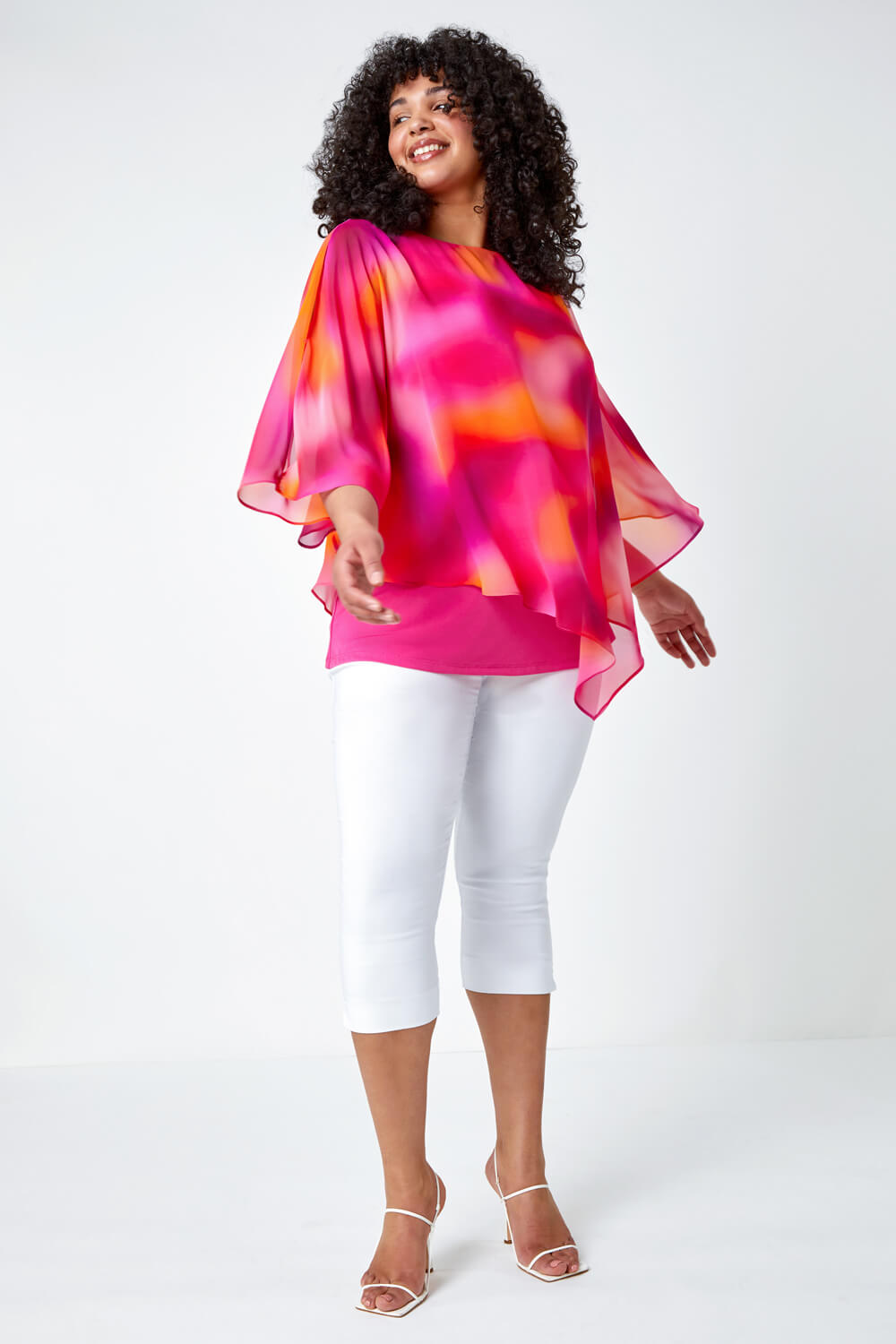 PINK Curve Ombre Print Chiffon Overlay Top, Image 2 of 5