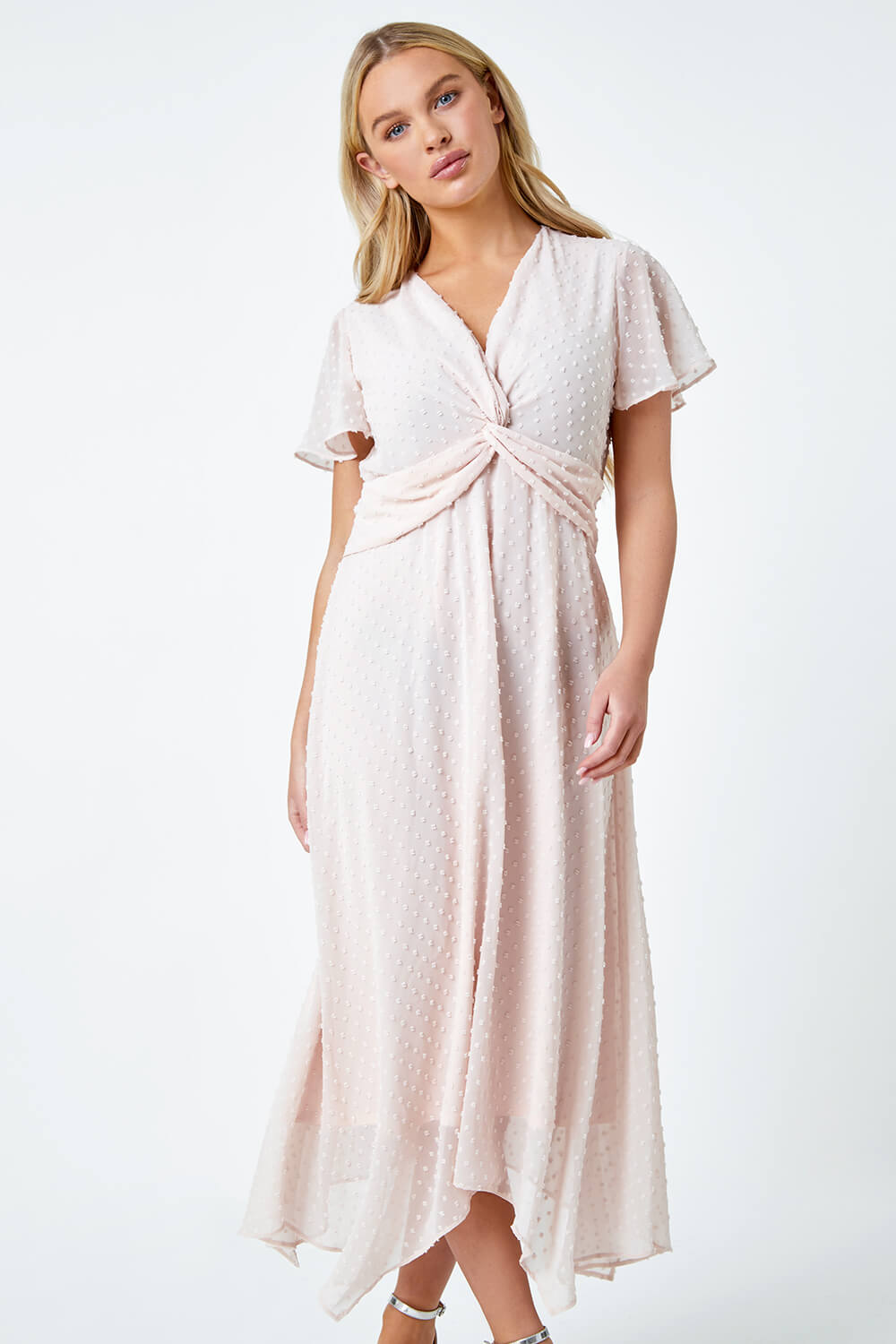 Light Pink Petite Textured Spot Twist Front Midi Dress, Image 2 of 5