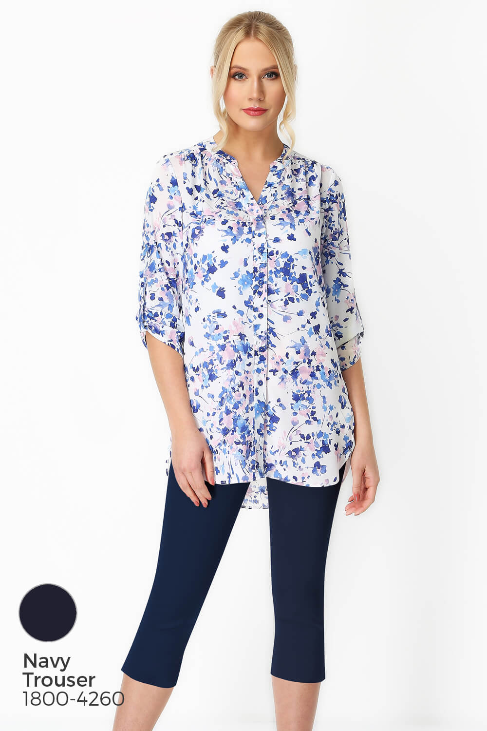 Blue Floral Print Roll Sleeve Shirt , Image 7 of 8