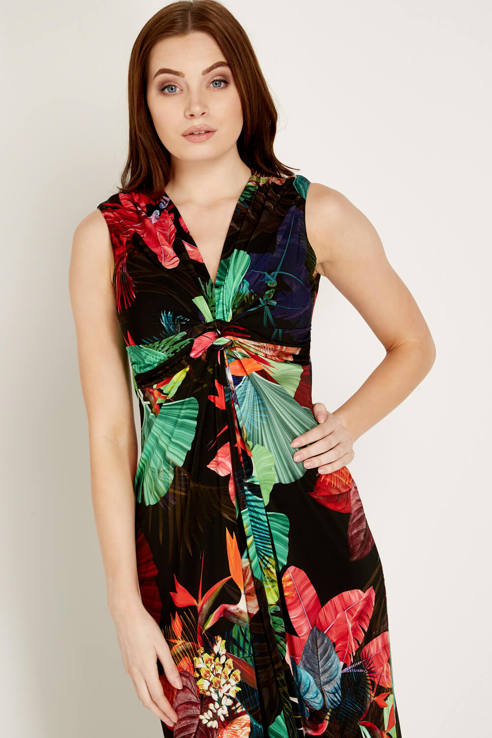 Black V Neck Tropical Print Maxi Dress, Image 3 of 4