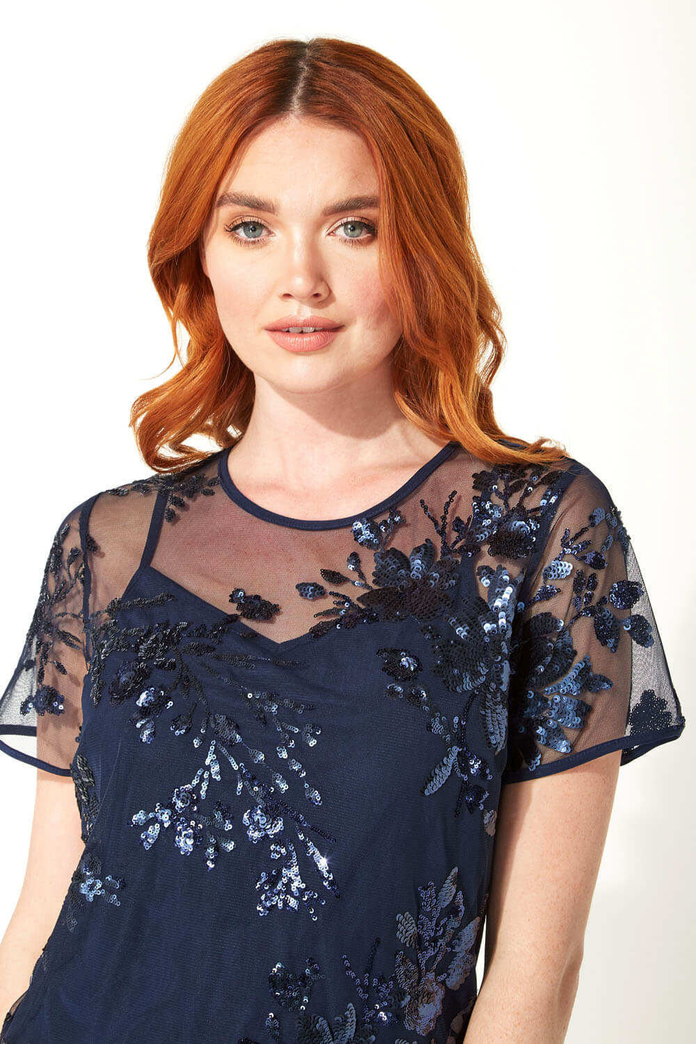 Navy  Floral Mesh Embroidered Top, Image 4 of 5