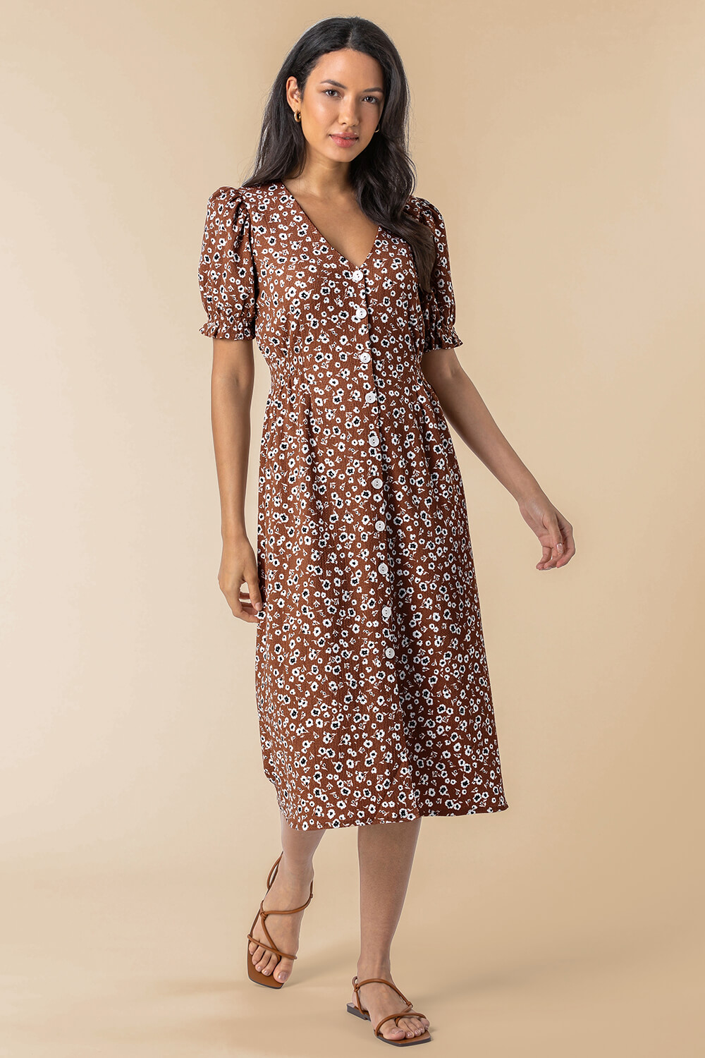 Taupe Floral Print Button Through Dress, Image 3 of 5