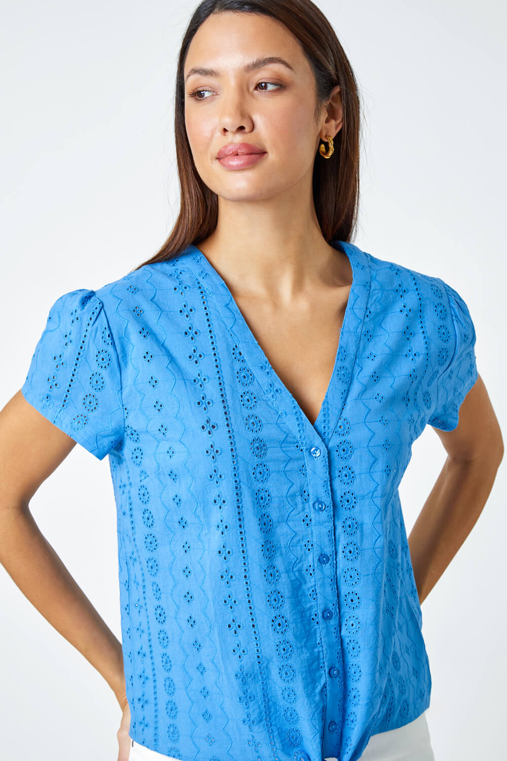 Blue Tie Front Cotton Broderie T-Shirt, Image 4 of 5