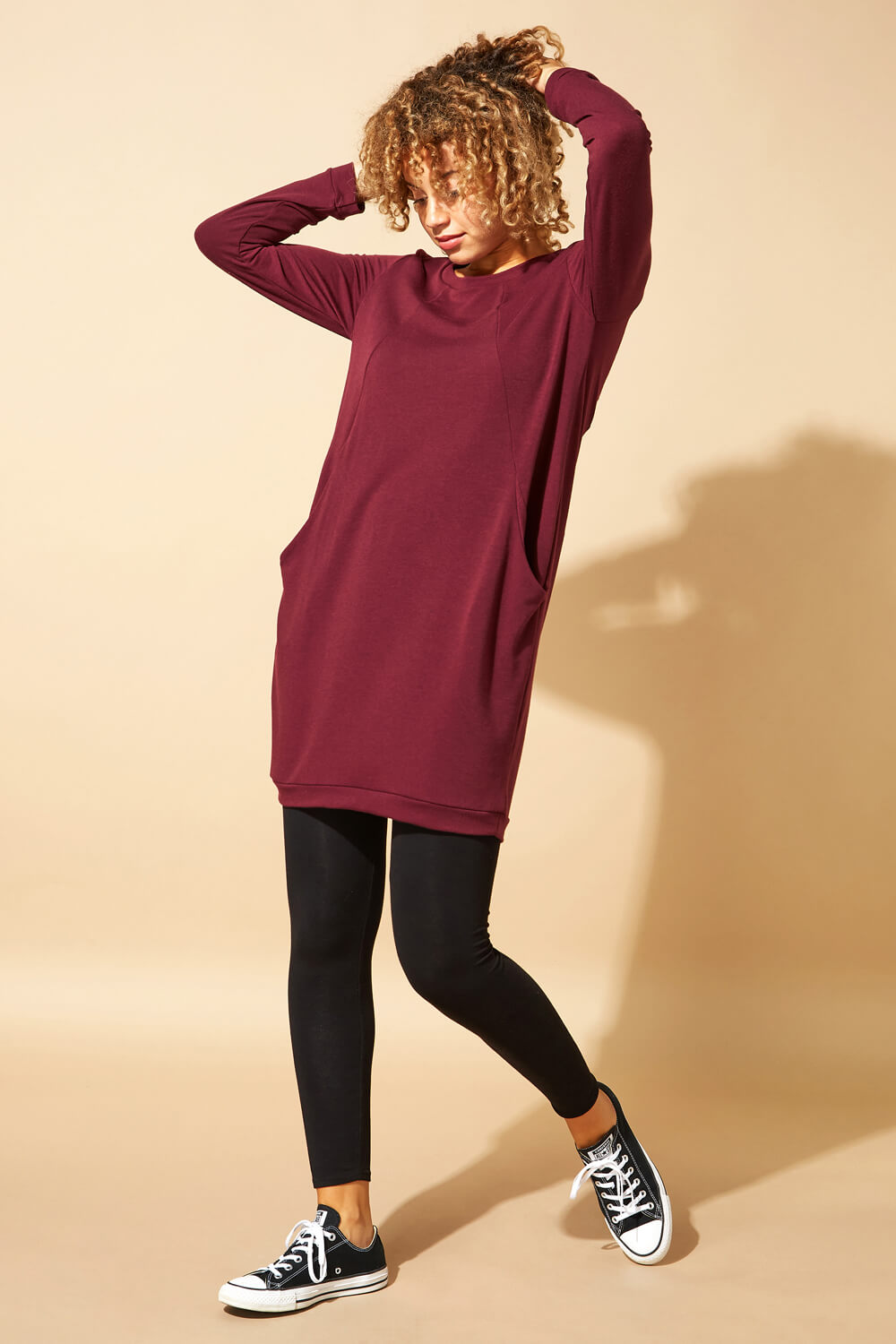 Wine Front Pocket Long Sleeve Cocoon Dress, Image 5 of 5