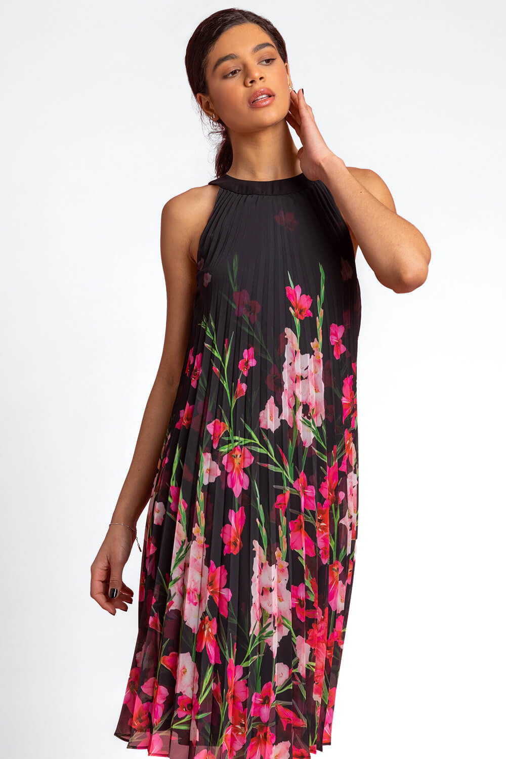 High Neck Floral Pleated Swing Dress in ...