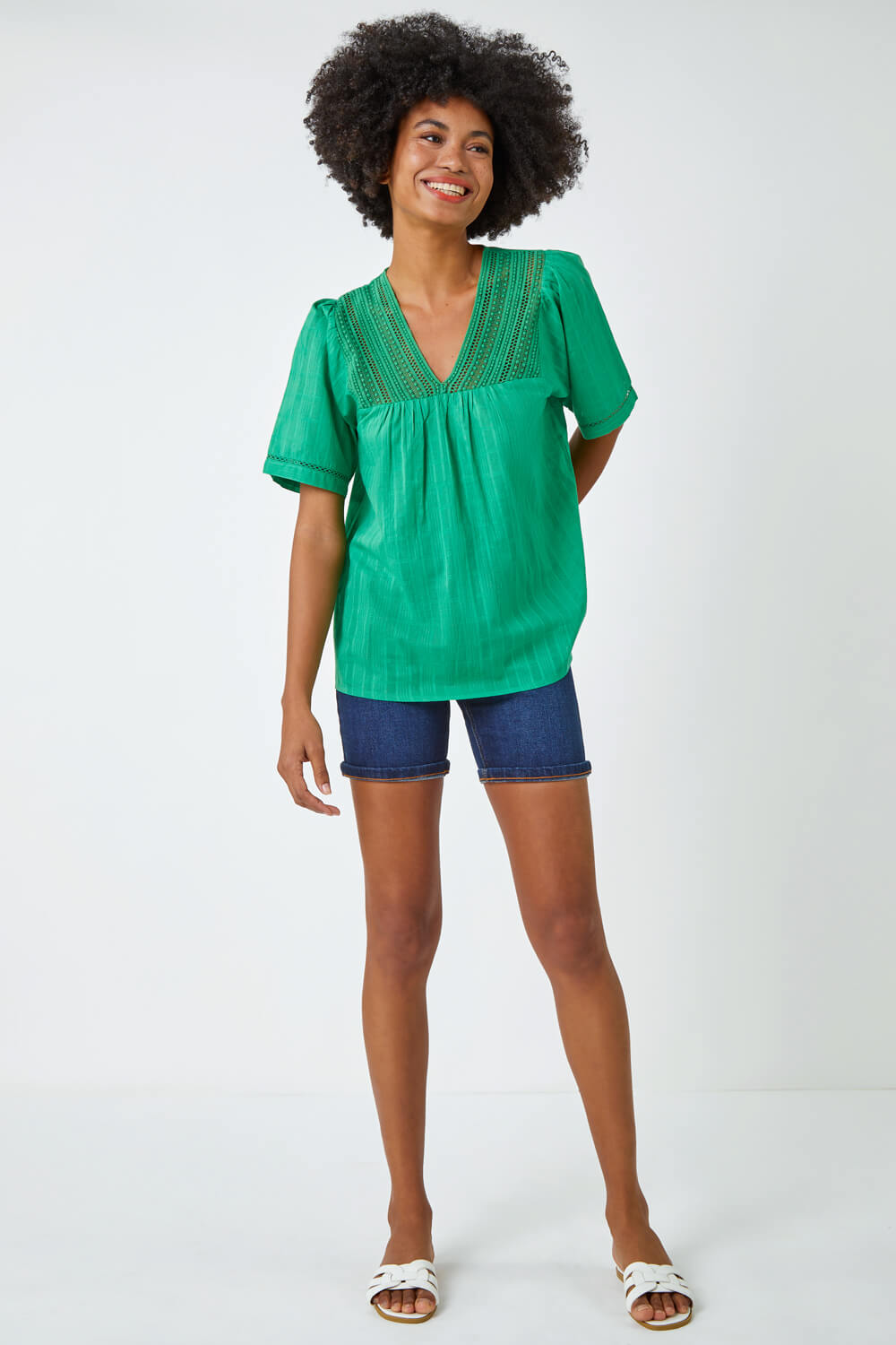 Emerald Lace Detail Cotton T-Shirt, Image 3 of 5