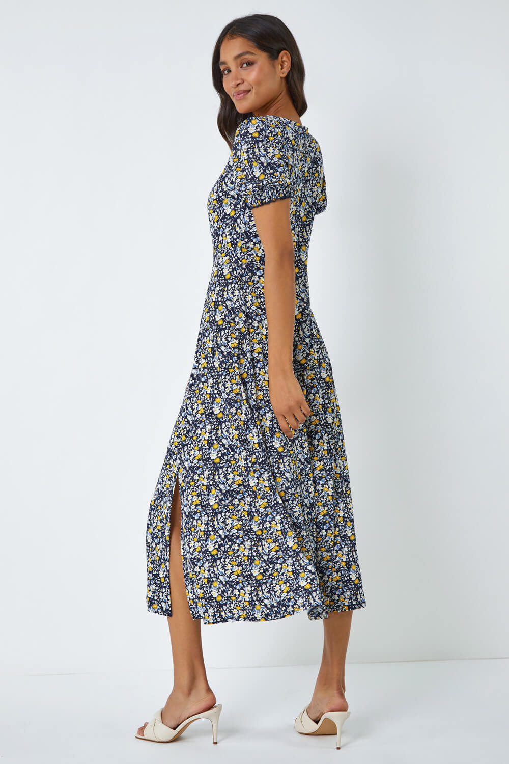 Yellow Ditsy Floral Ruched Maxi Dress, Image 3 of 5