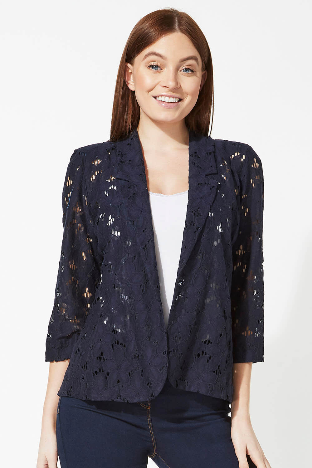 Navy  Floral Lace 3/4 Sleeve Jacket, Image 2 of 4
