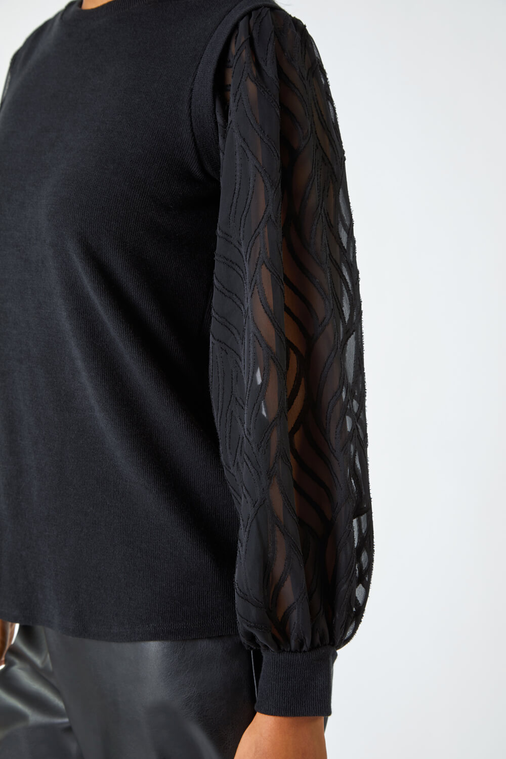 Black Chiffon Sleeve Overlay Stretch Top, Image 5 of 5
