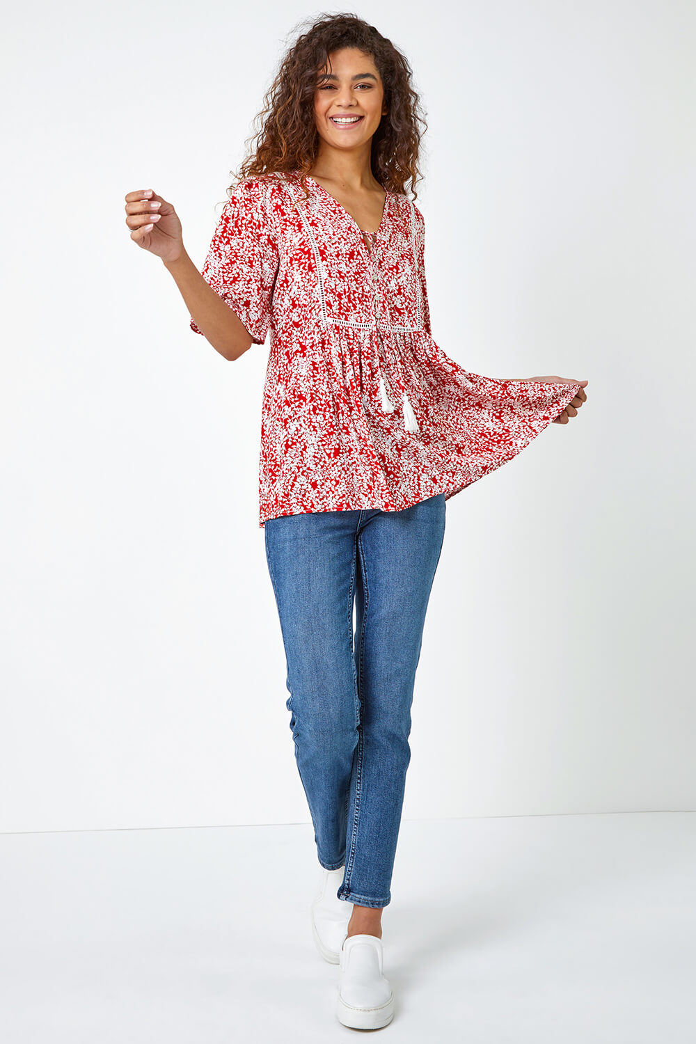 Red Ditsy Floral Tie Smock Top, Image 2 of 5