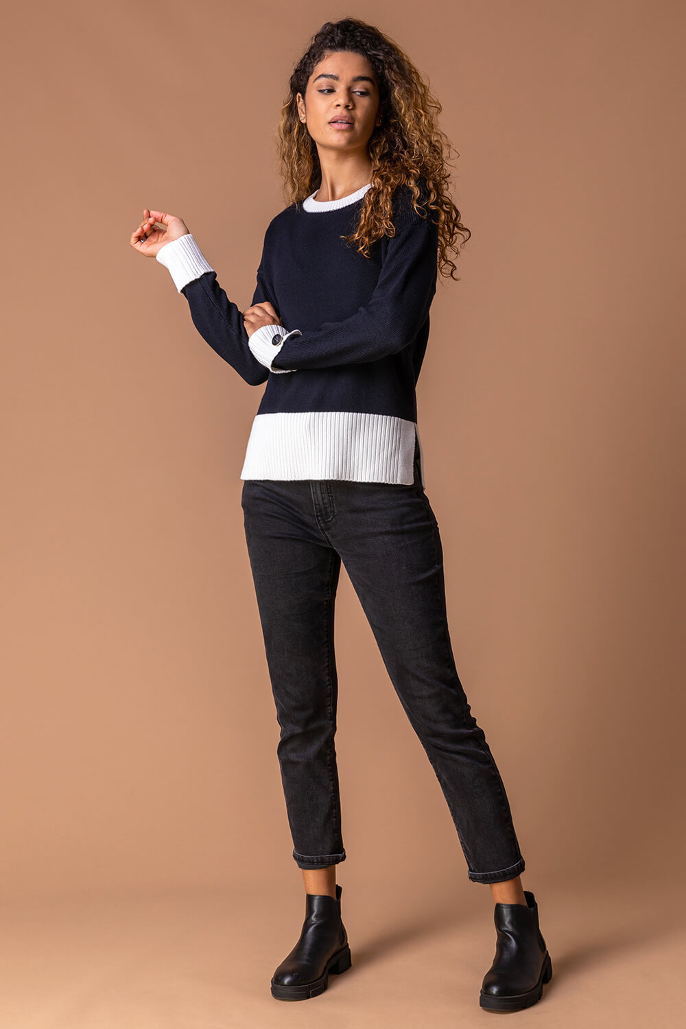 Midnight Blue Contrast Colour Block Jumper, Image 4 of 4