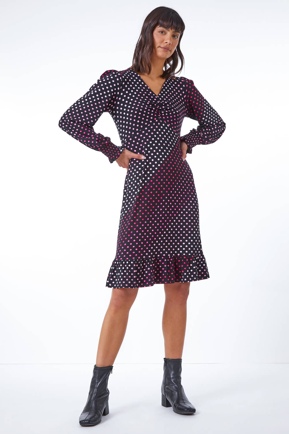 PINK Spot Print Ruched Detail Stretch Dress, Image 4 of 5