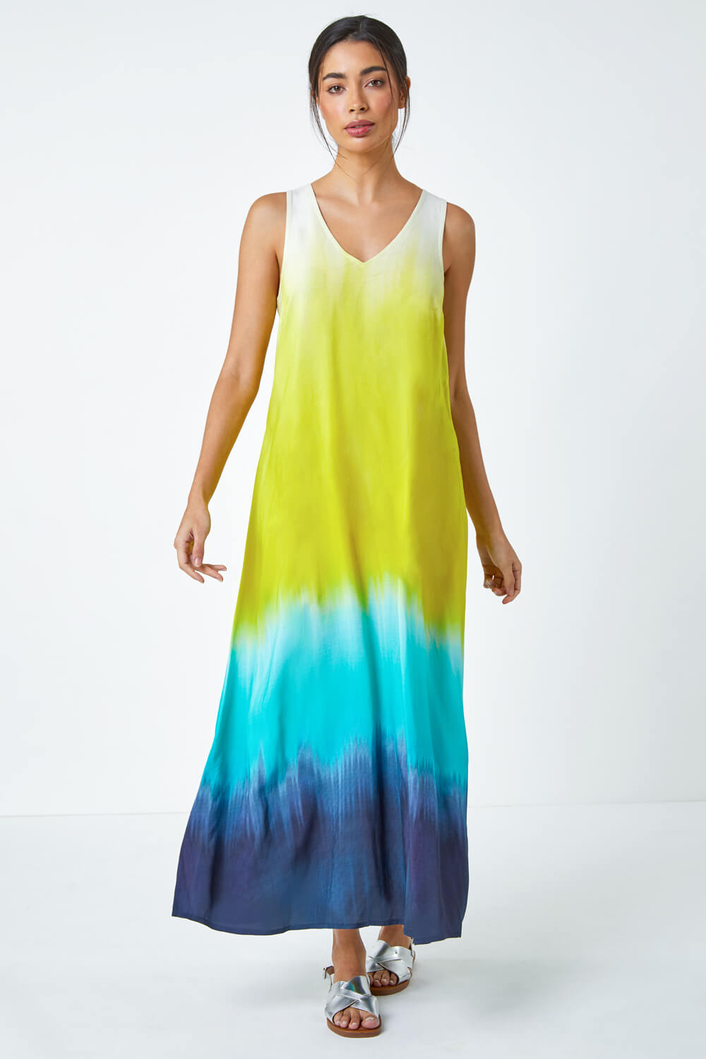 Turquoise Sleeveless Ombre Midi Dress, Image 2 of 5