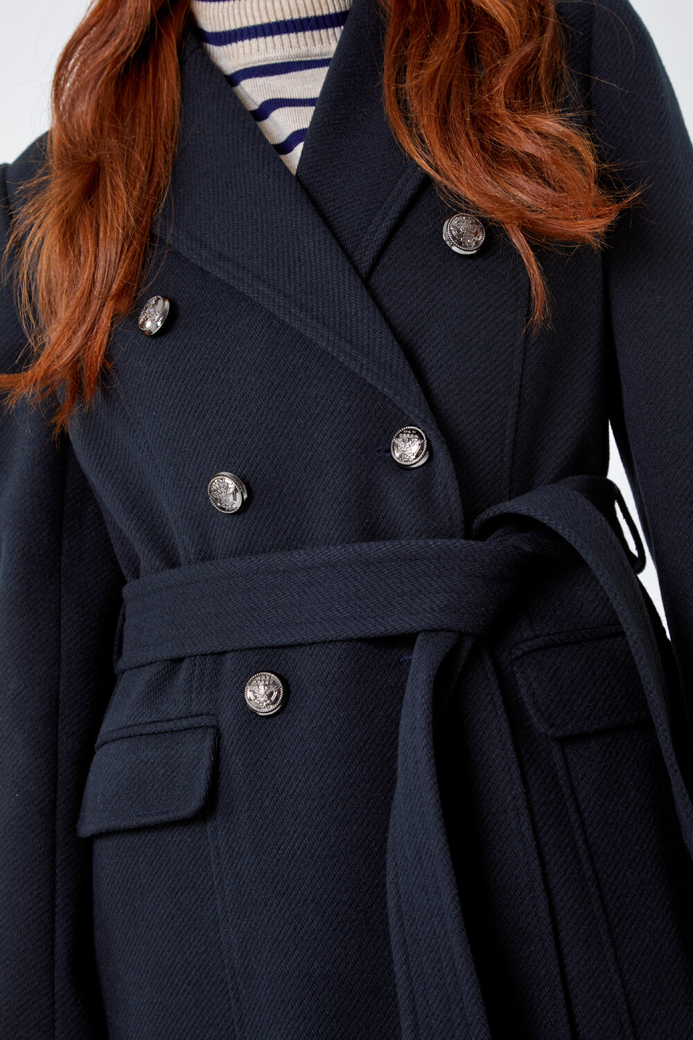 Navy  Petite Longline Belted Military Coat, Image 5 of 5