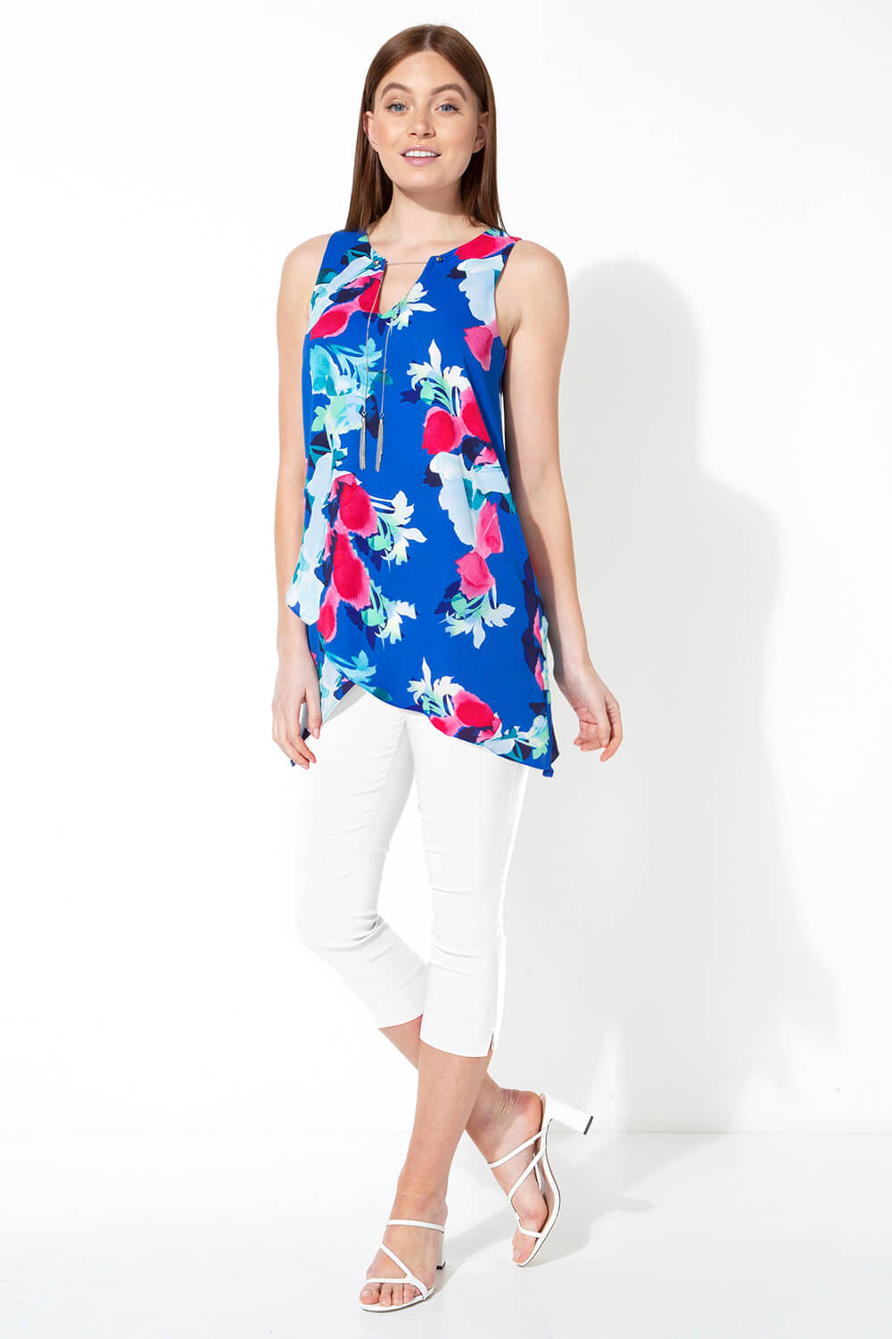 Royal Blue Floral Print Asymmetric Top with Necklace, Image 3 of 5