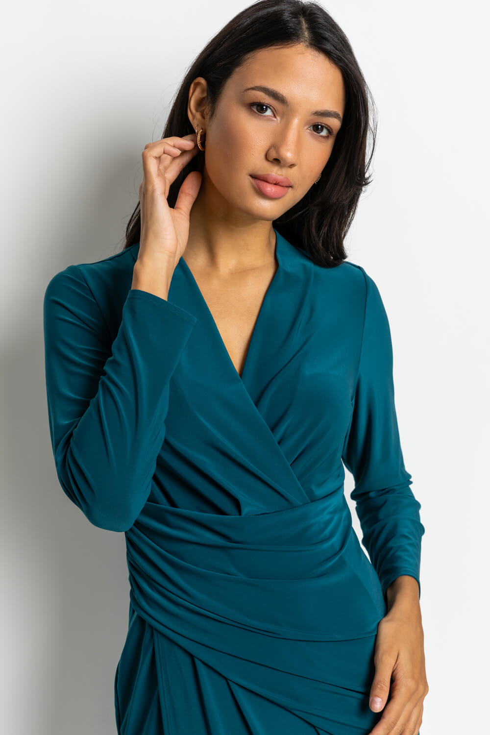 Petrol Blue Fitted Jersey Ruched Wrap Dress, Image 4 of 4