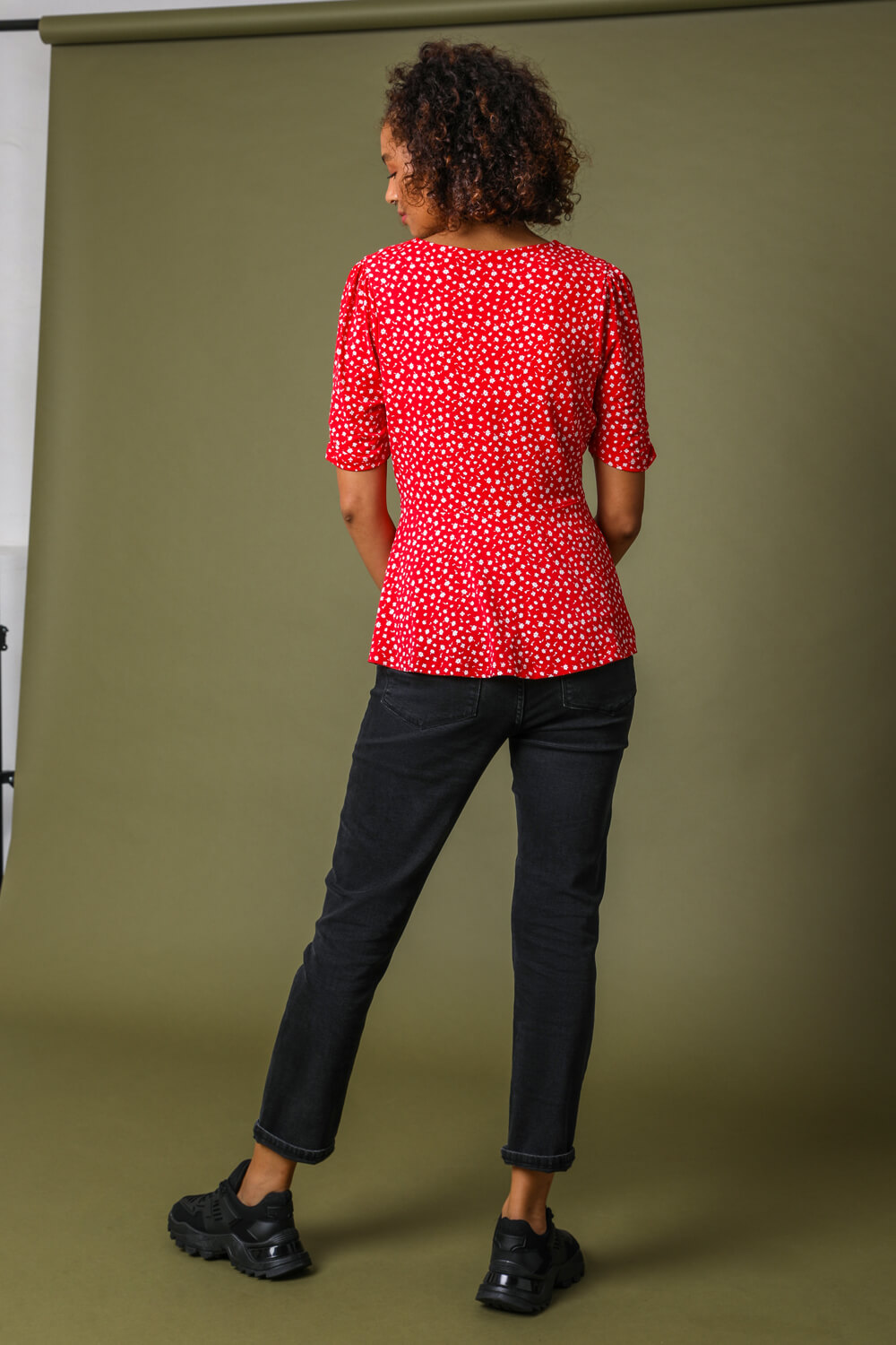 Red Ditsy Floral Print V-Neck Top, Image 2 of 5