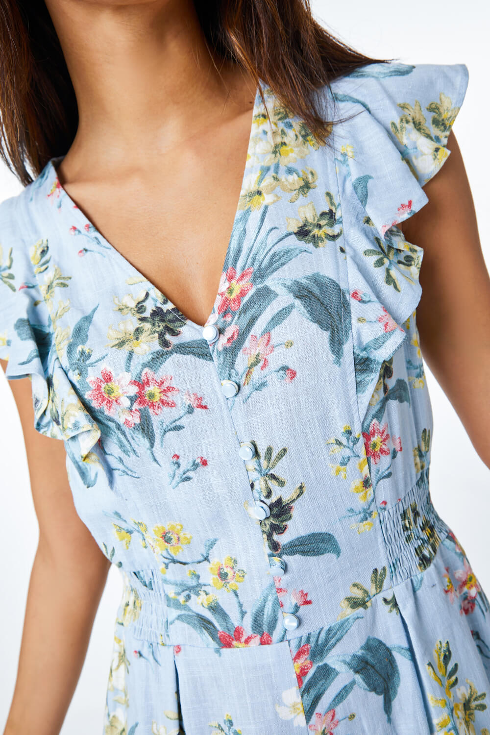 Light Blue  Floral Print Frill Playsuit, Image 3 of 5