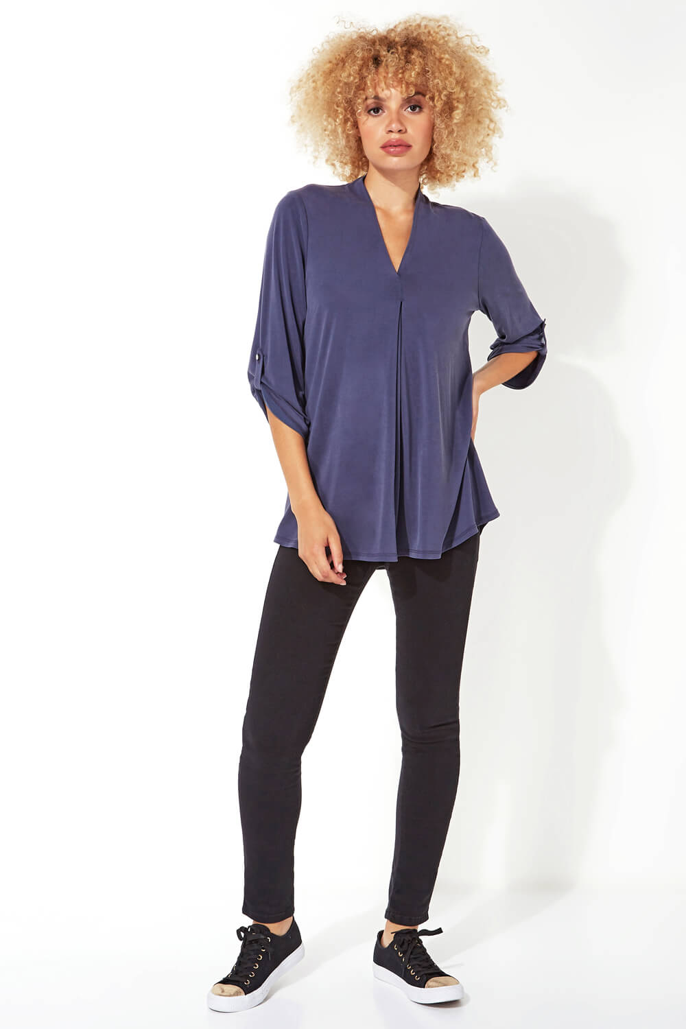 Navy  V-Neck Pleat Front Top, Image 2 of 6
