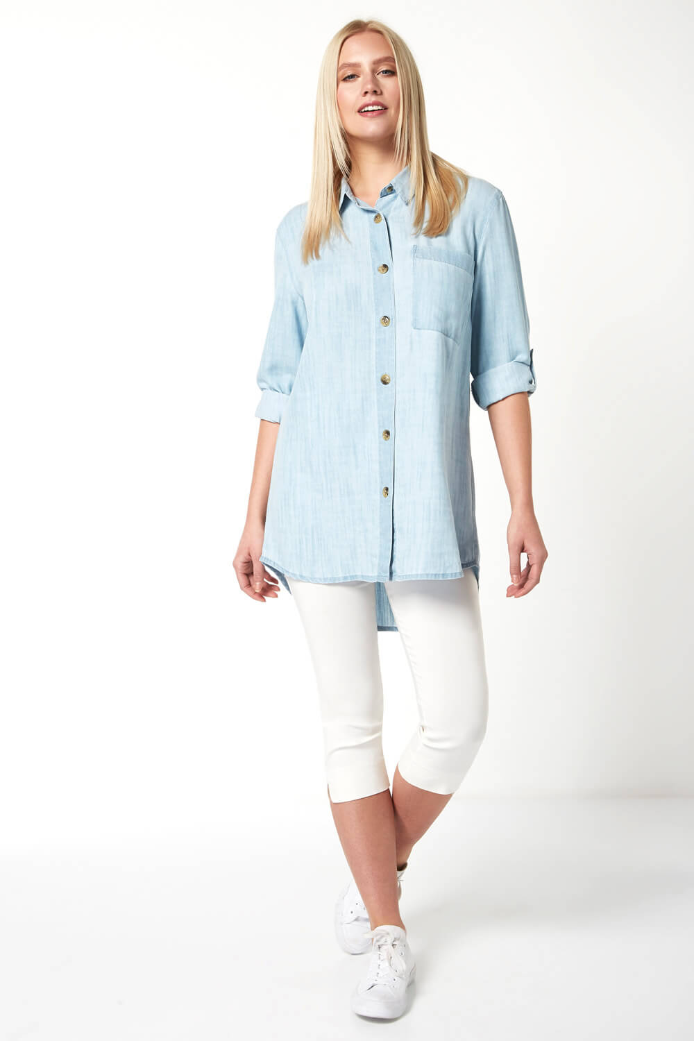 Light Blue  Longline Oversized Button Through Shirt, Image 2 of 5
