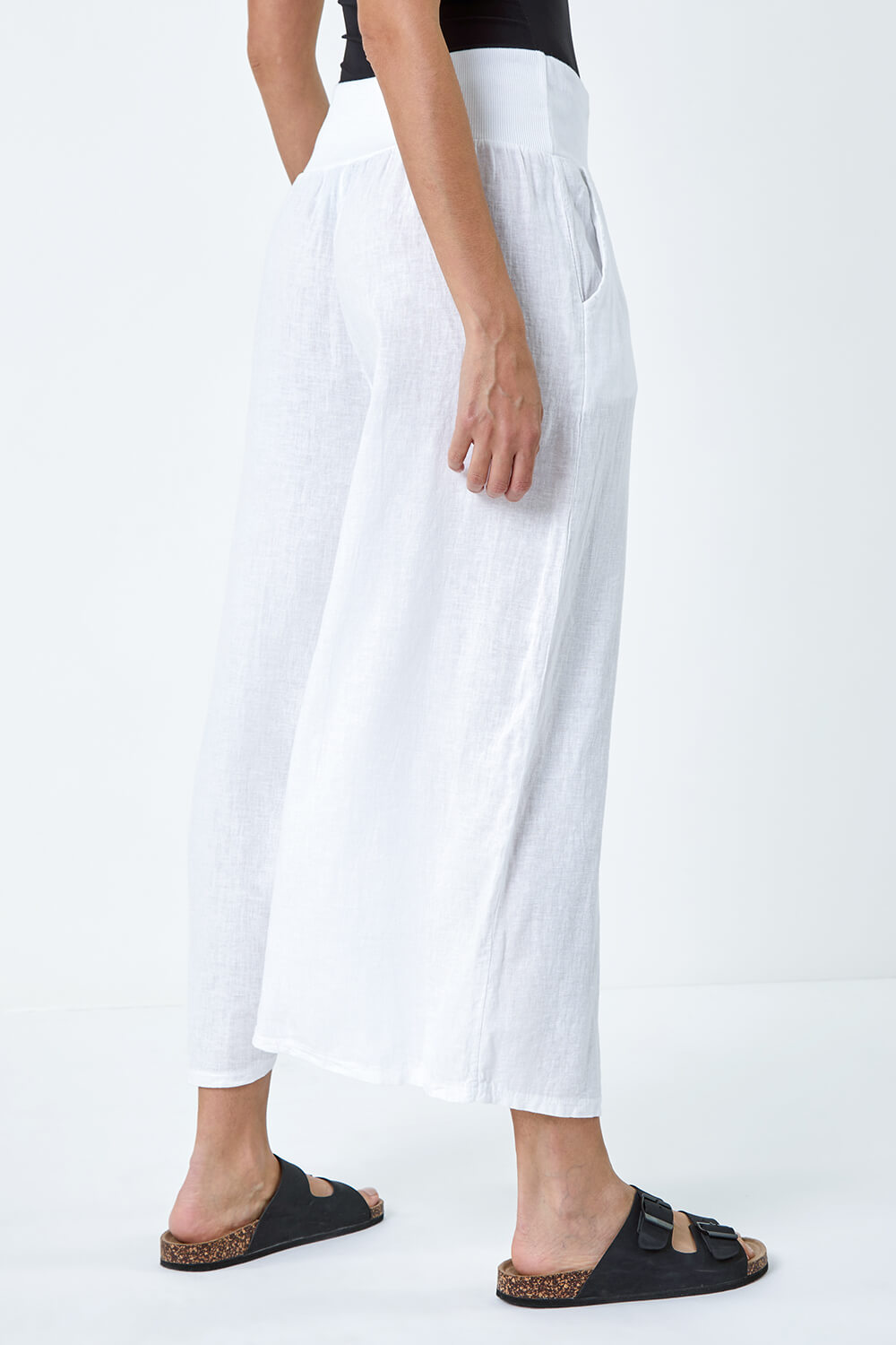White Linen Blend Stretch Waist Culottes, Image 3 of 5