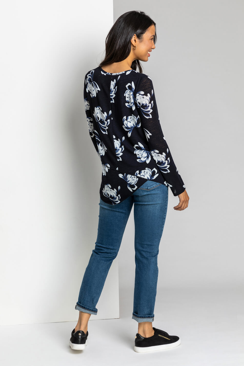 Navy  Floral Print Layered Asymmetric Tunic Top, Image 2 of 5