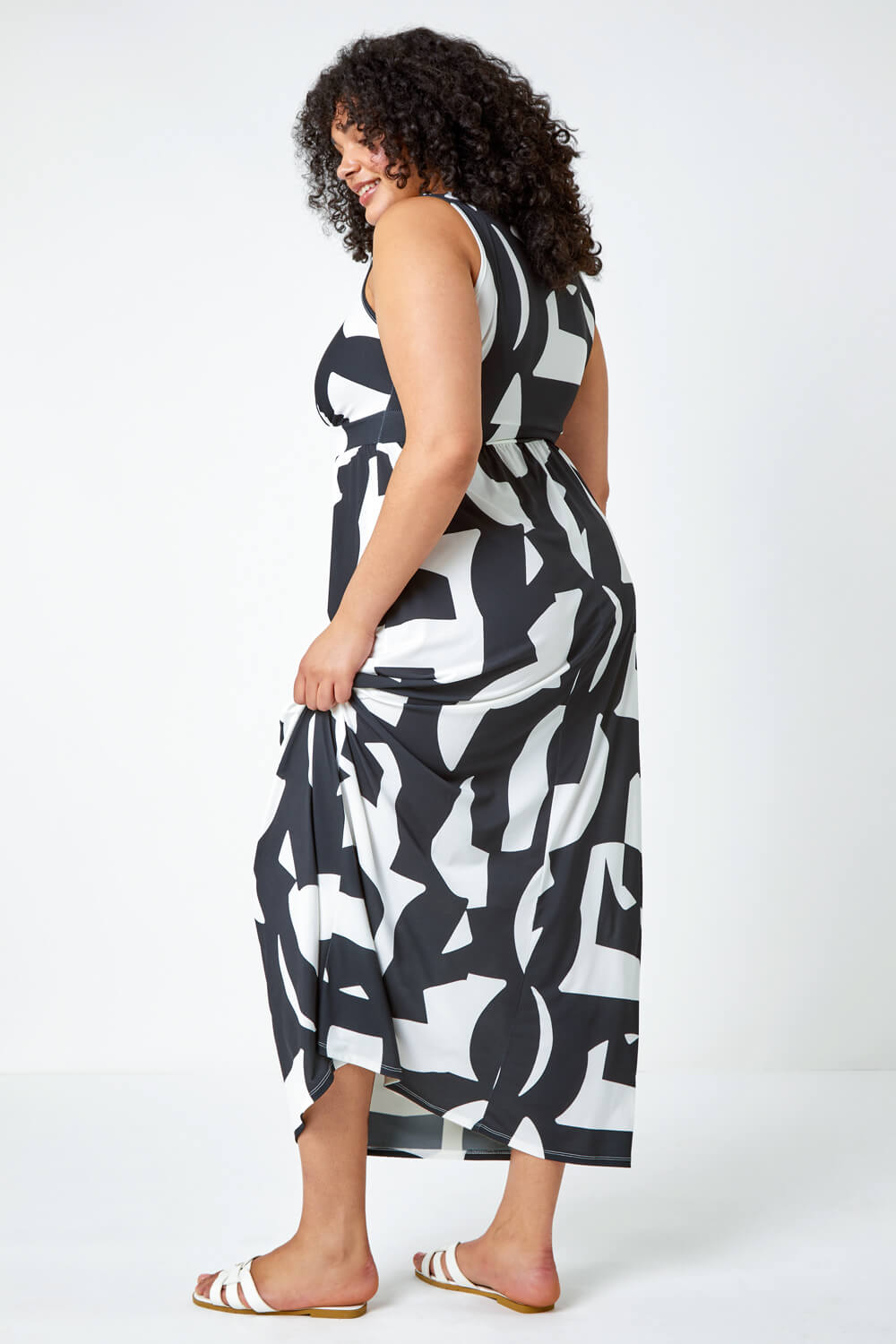 Black Curve Abstract Print Maxi Stretch Dress , Image 3 of 6