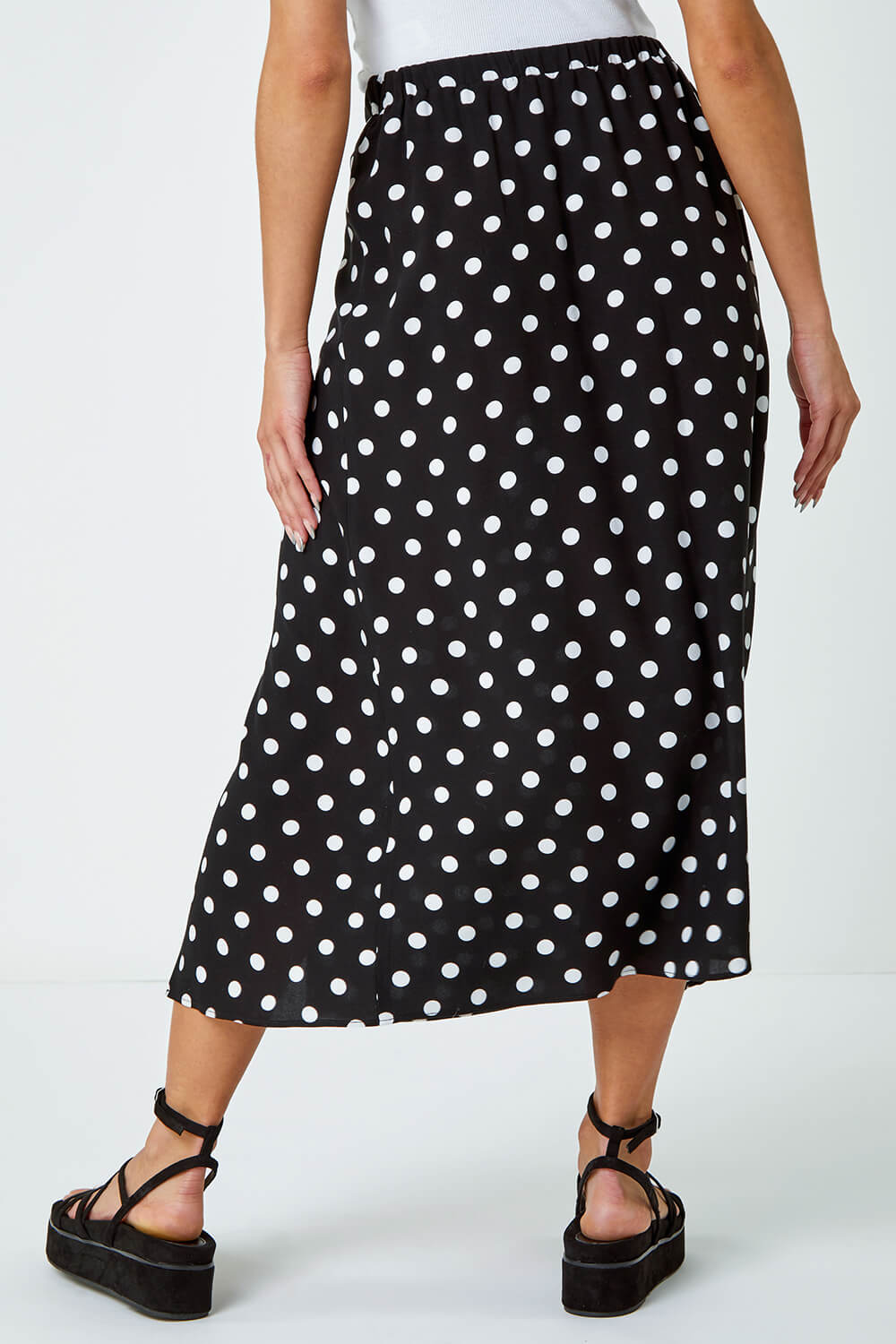 Black Polka Dot Button Detail Midi Skirt | Roman UK