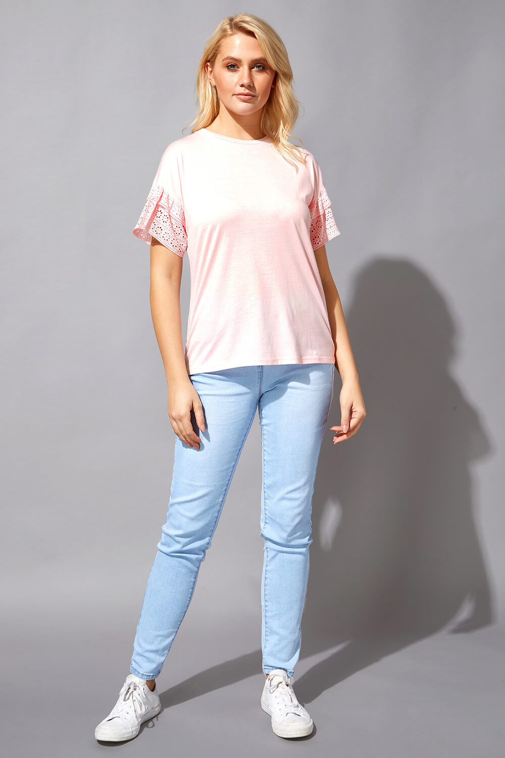 Light Pink Broderie Frill Sleeve T-Shirt, Image 3 of 4