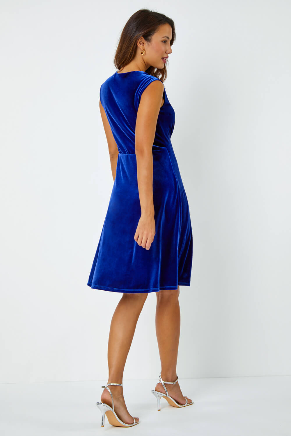 Royal Blue Velvet Fluted Hem Stretch Dress, Image 3 of 6