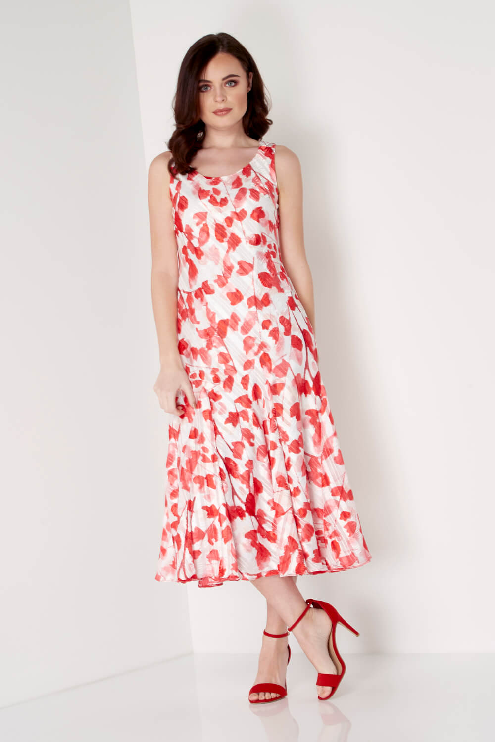Red Poppy Print Bias Cut Midi Dress, Image 2 of 4