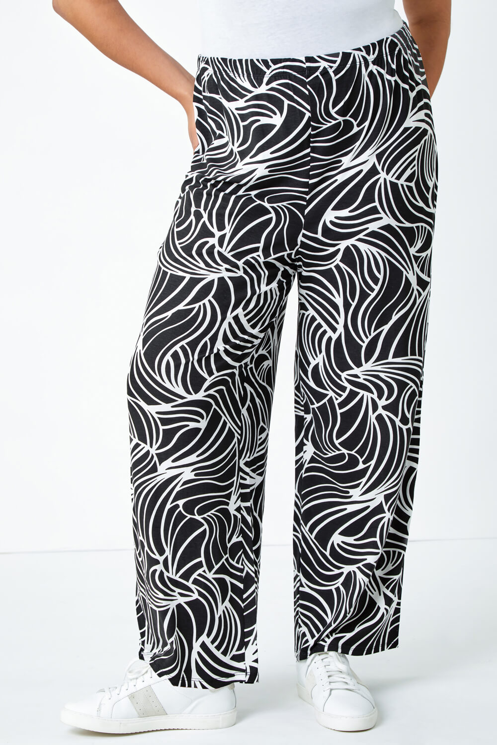 Black Curve Linear Print Palazzo Stretch Trousers, Image 4 of 5
