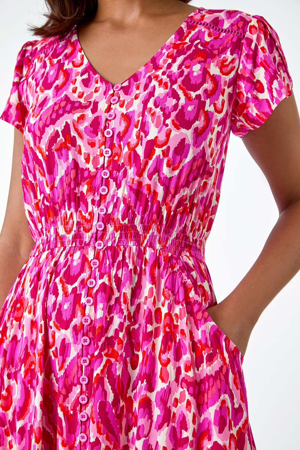 PINK Abstract Print Shirred Waist Maxi Dress, Image 5 of 5