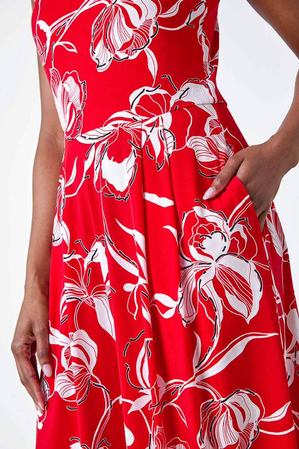 Red Textured Floral Print Midi Stretch Dress, Image 5 of 5