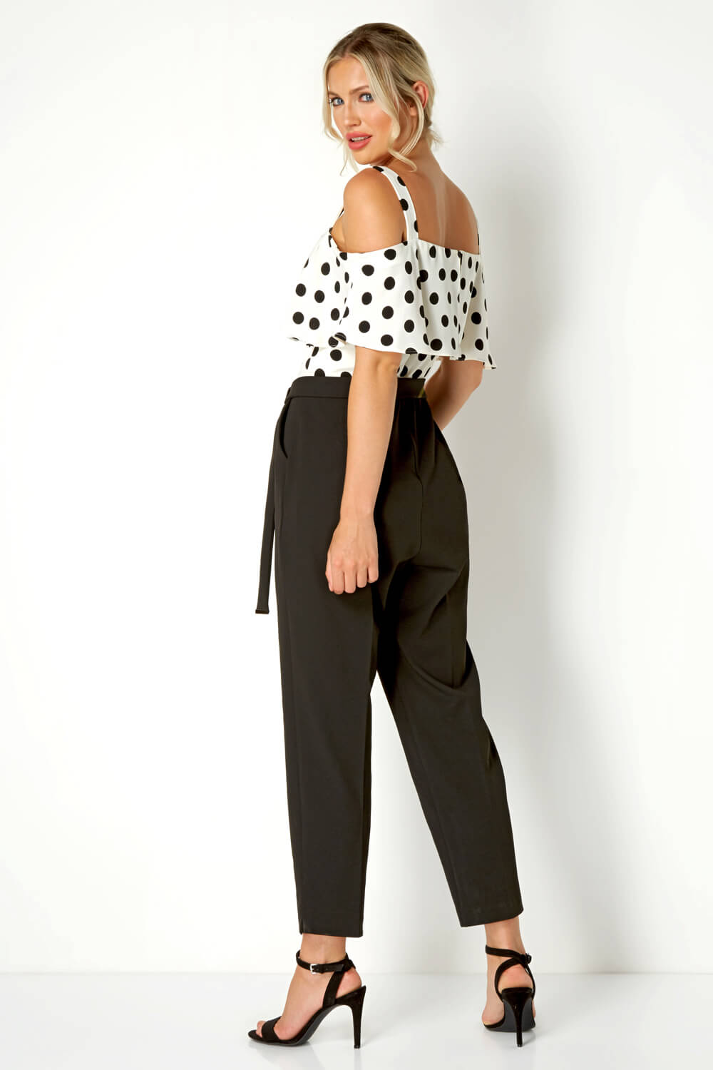 Black Polka Dot Print Cold Shoulder Jumpsuit, Image 2 of 3