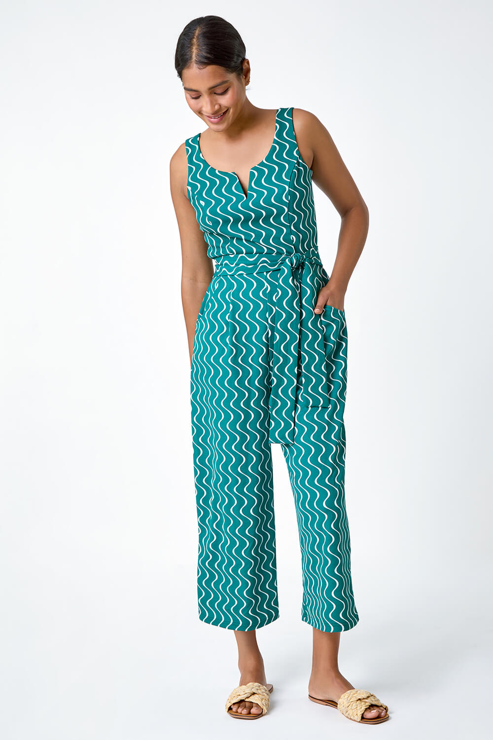 Forest  Belted Wave Print Cropped Jumpsuit, Image 2 of 5