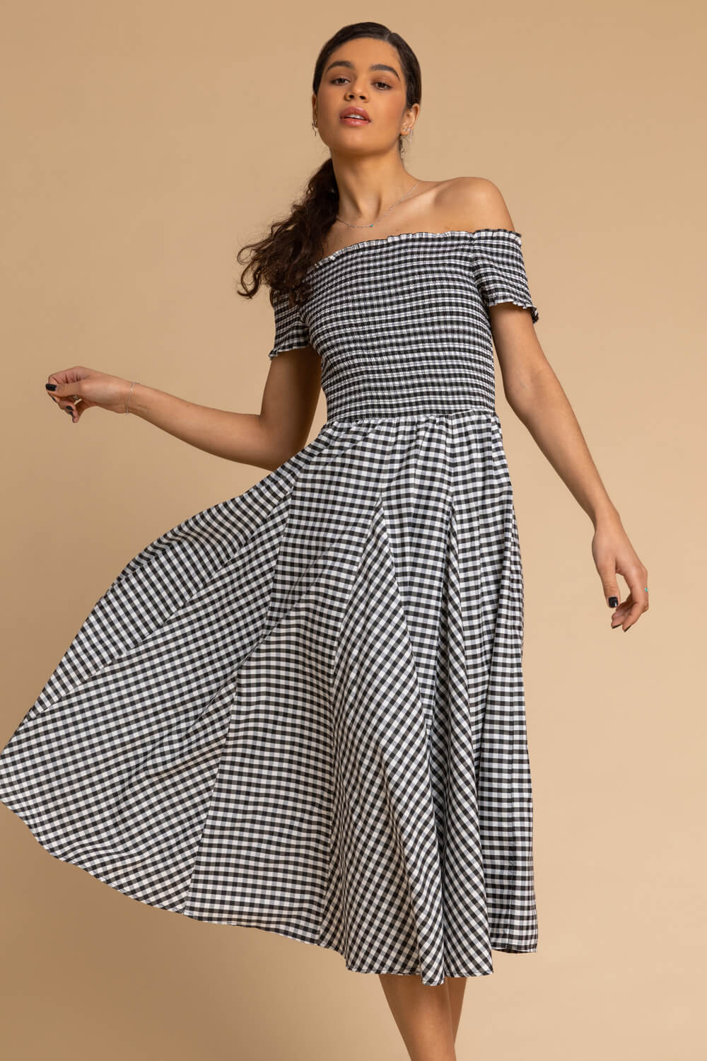 Gingham Bardot Fit and Flare Dress