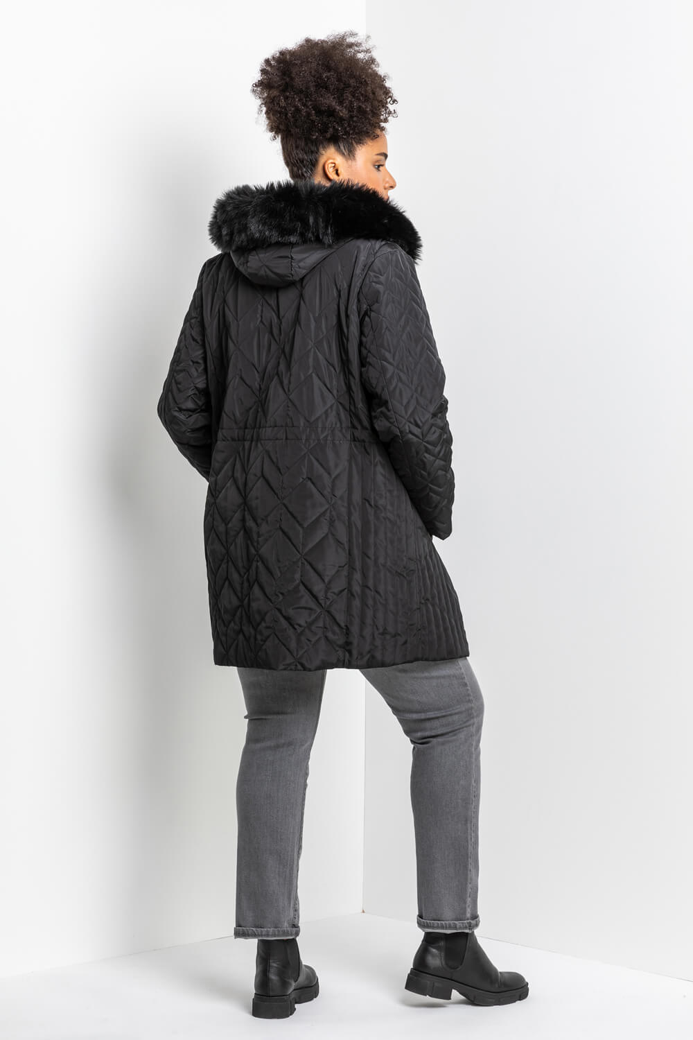 Black Curve Faux Fur Trim Hooded Parka Coat, Image 2 of 5