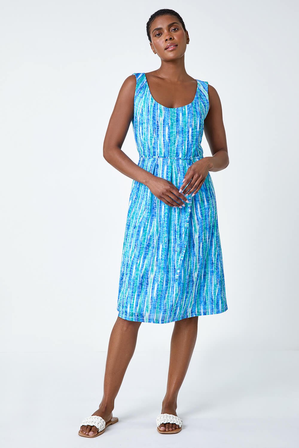 Blue Abstract Pleat Detail Dress, Image 2 of 5
