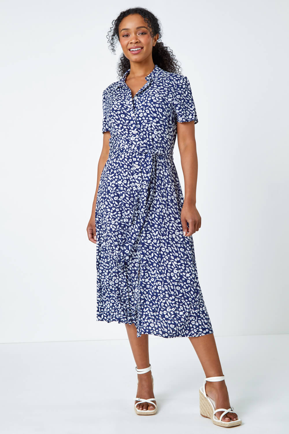 Navy  Petite Ditsy Floral Shirt Dress, Image 4 of 5