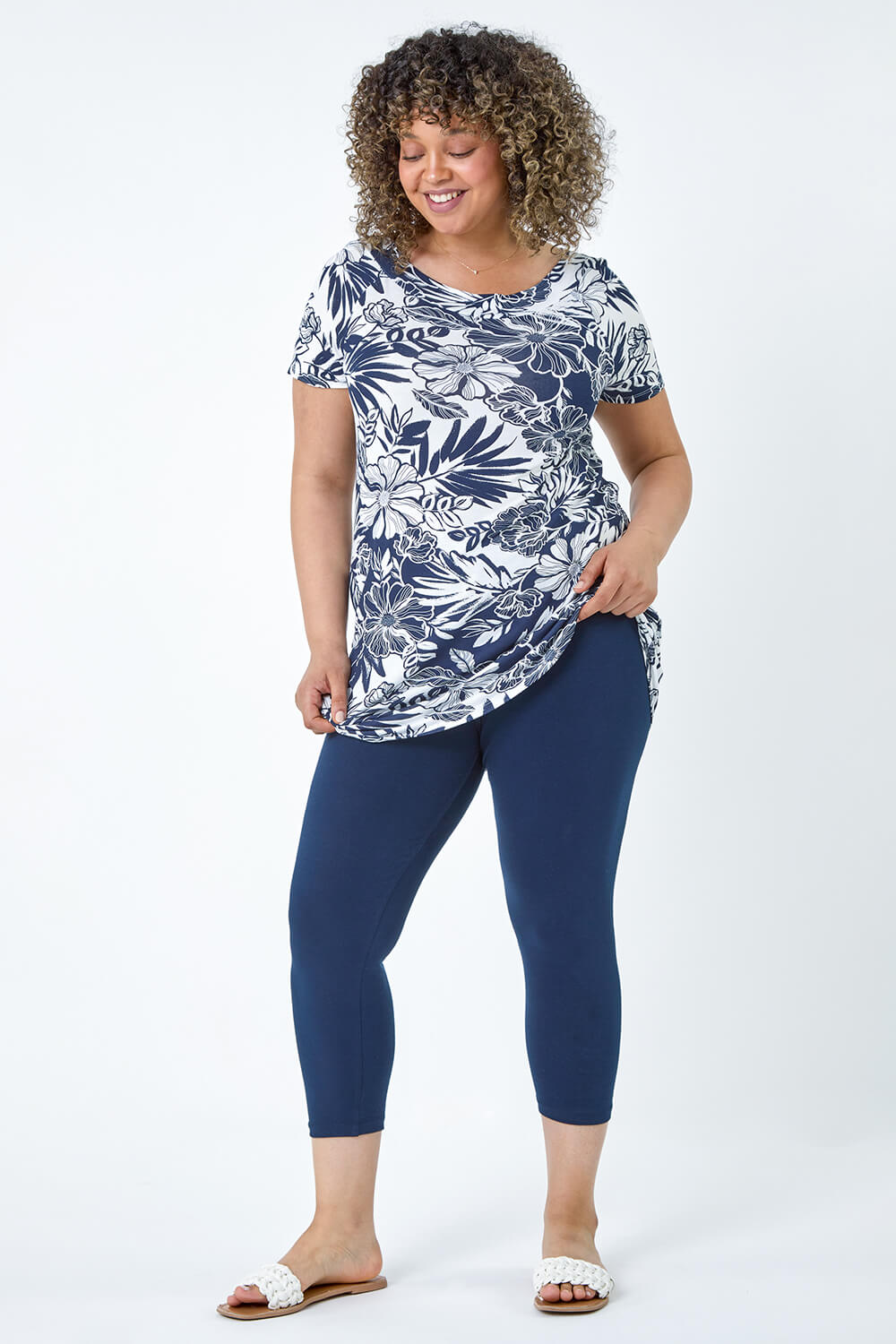 Navy  Curve Floral Print Stretch Top, Image 2 of 5