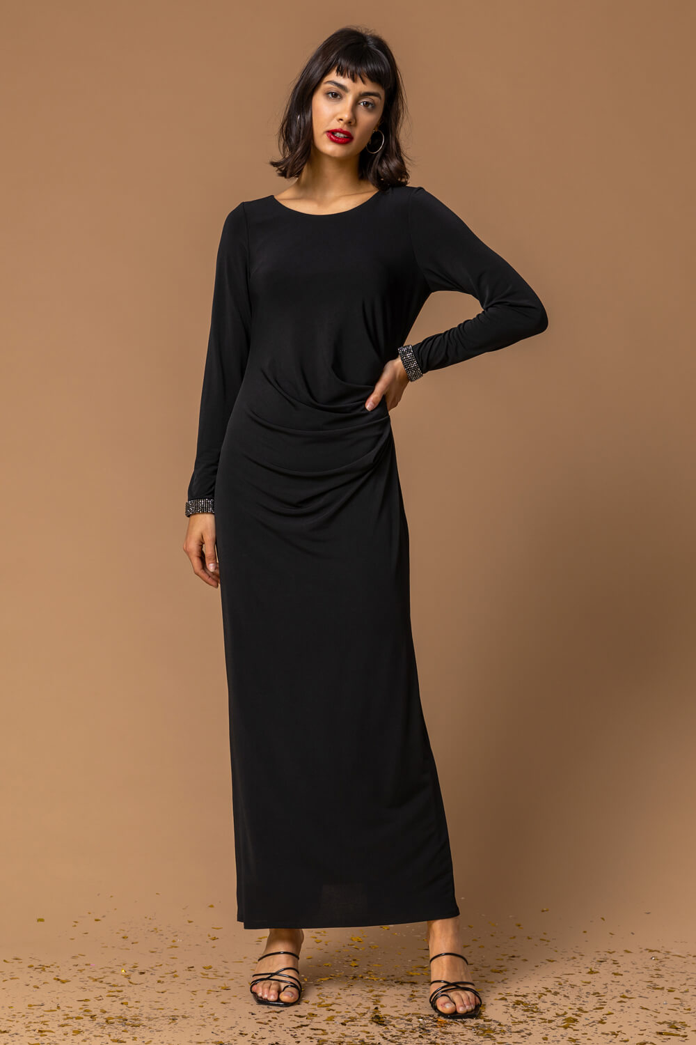 Black Sparkle Embellished Ruched Maxi Dress, Image 2 of 4