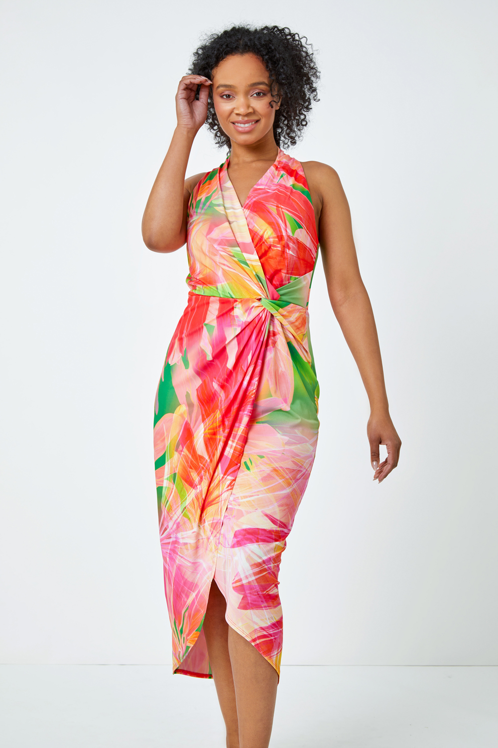 Petite Tropical Wrap Ruched Maxi Dress