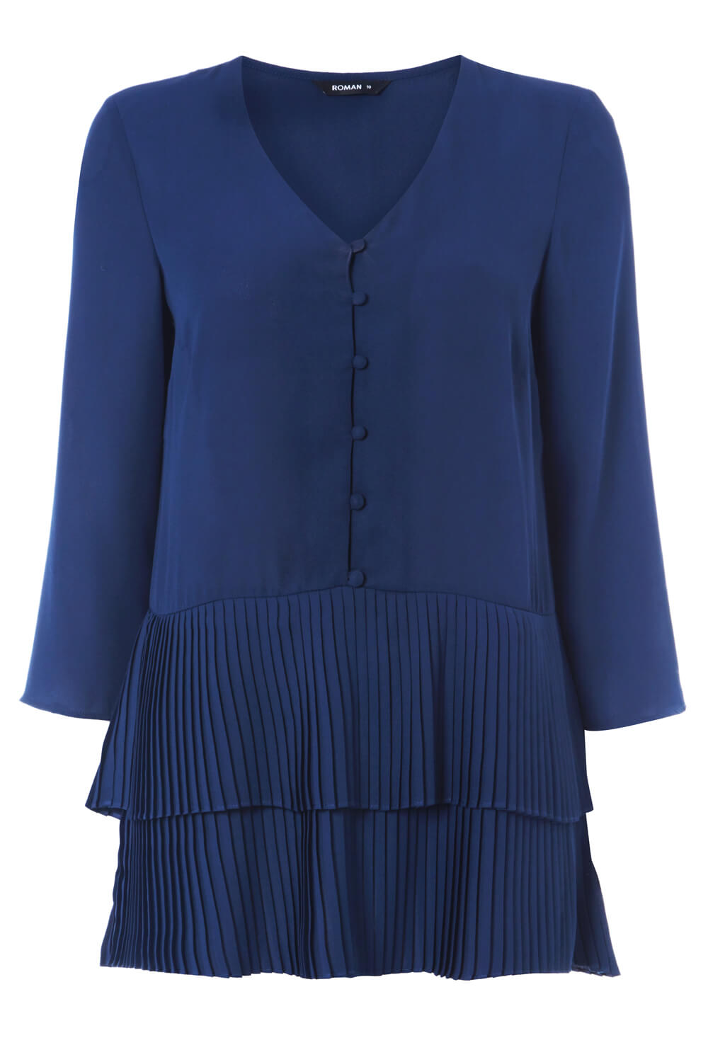 Navy  3/4 Sleeve Pleated Button Front Top, Image 4 of 4